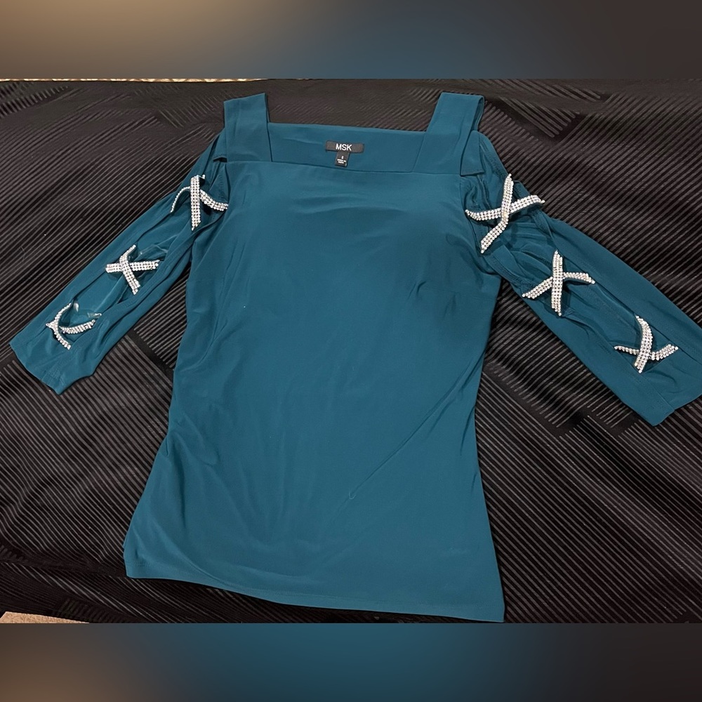 Elegant Rhinestone Detailed Split Sleeve Women’s Top in Teal, Size Small